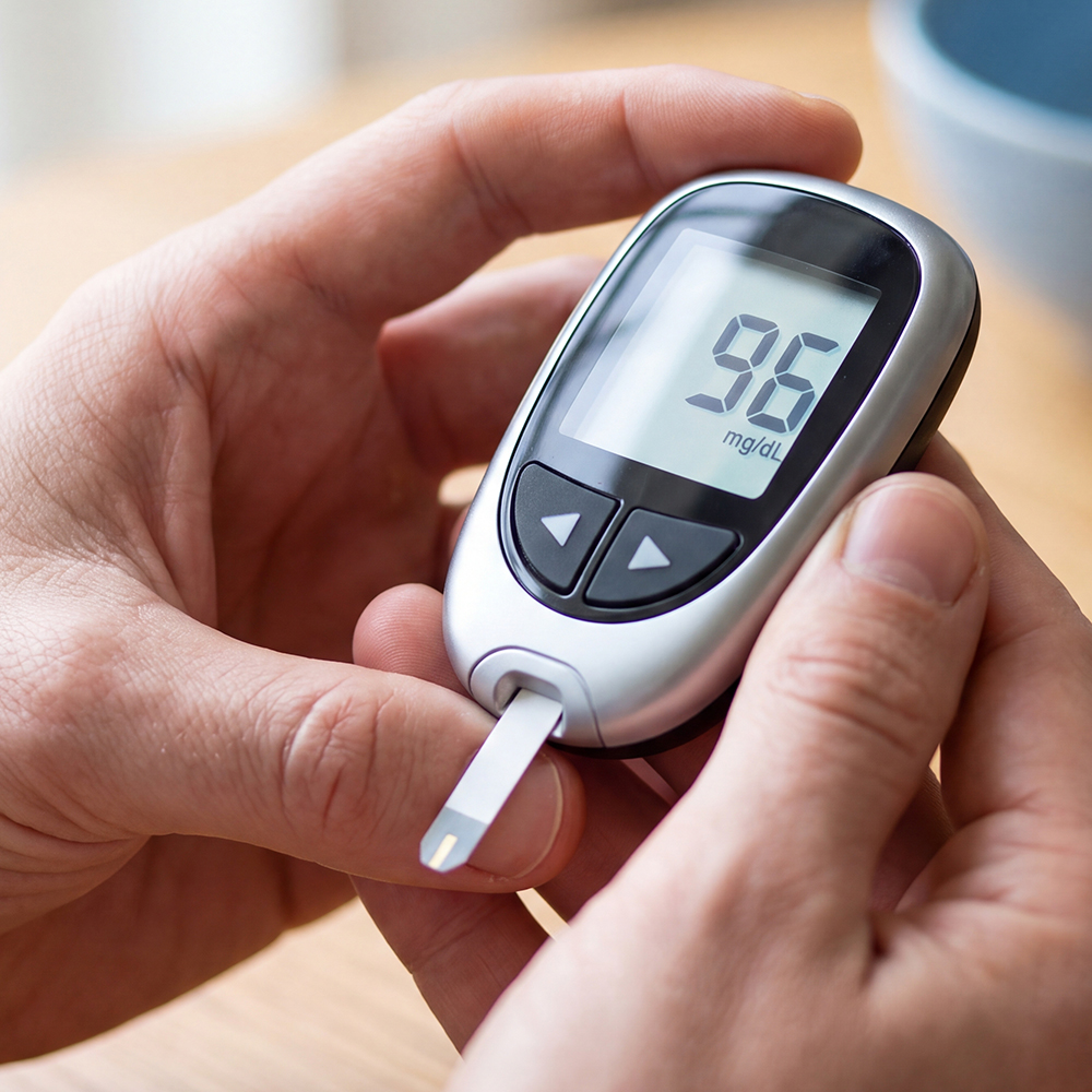 Hands holding a blood glucose meter displaying '96 mg/dL' on its screen.